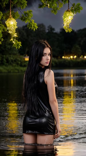 a ultra real full body shot photo 20 years old girl, black eyes, long black hair on covering her body, on a lake forest and rain fall, on water, goddess, ultra contrast, low light, fireflies, wet face and body, sad face. Intricate details of her beautiful eyes and perfect face. The most beautiful girl, night view, back view,