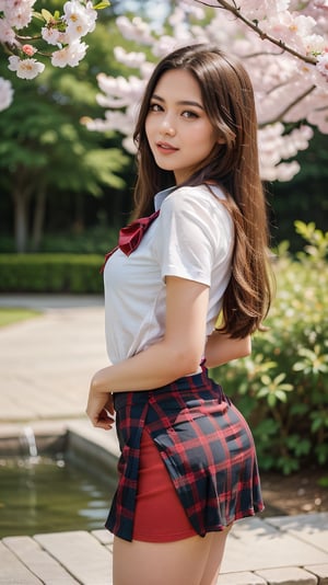A masterpiece of elegance and whimsy: aamahiru stands confidently, leaning forward with arms behind her back, in a plaid skirt that contrasts delightfully with the lush greenery of the cherry blossom tree. A crisp white shirt with short sleeves showcases her toned physique, while a red bowtie adds a touch of playfulness. Her long hair cascades down her back like a golden waterfall, as she flashes an inviting smile with open mouth, captivating all who lay eyes on this breathtaking scene.