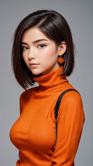 1girl, beautiful face, earrings, (portrait photoshot), wearing (orange turtleneck sweater:1.2) up to her chin, short dark hair, (simple plain background),pimple