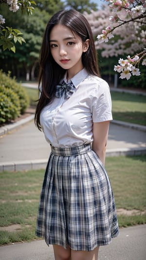 A masterpiece of elegance and whimsy: aamahiru stands confidently, leaning forward with arms behind her back, in a plaid skirt that contrasts delightfully with the lush greenery of the cherry blossom tree. A crisp white shirt with short sleeves showcases her toned physique, while a red bowtie adds a touch of playfulness. Her long hair cascades down her back like a golden waterfall, as she flashes an inviting smile with open mouth, captivating all who lay eyes on this breathtaking scene.,school uniform