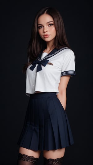 score_9, score_8_up, score_7_up, realistic, high res image, masterpiece, best quality, girl, cute, fair skin, brown shiny long hair, ultra detailed eyes, thick lips, dark background, school uniform, white long sleves shirt, navy skirt, black lace leg wear, black lace thighhigh,