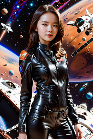 tiny_girl, 1girl,petite, skinny, Portrait Of beautiful brown haired girl wearing black leather suit with perky breasts surrounded by spacecraft on the mars, art by Mike Mayhew and Mark brooks and Ross Tran 8K Resolution,Extremely Realistic, sm,t4ni4