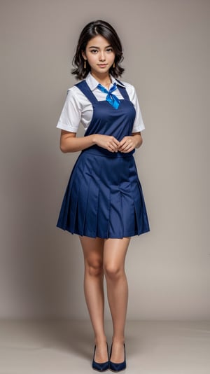 1girl, beautiful face, earrings, (full body portrait photoshot), wearing (school uniform:1.2) up to her chin, short dark hair, (simple plain background),pimple