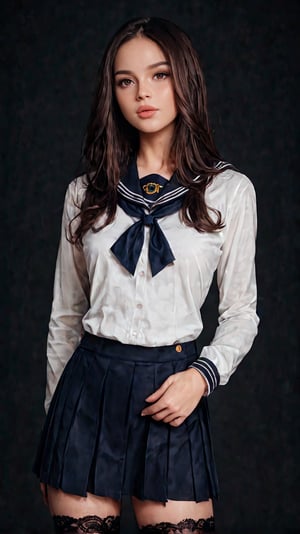 score_9, score_8_up, score_7_up, realistic, high res image, masterpiece, best quality, girl, cute, fair skin, brown shiny long hair, ultra detailed eyes, thick lips, dark background, school uniform, white long sleves shirt, navy skirt, black lace leg wear, black lace thighhigh