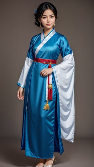 1girl, beautiful face, earrings, (full body portrait photoshot), wearing (hanfu:1.2) up to her chin, short dark hair, (simple plain background),pimple