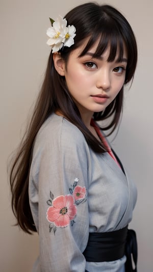 1girl, solo, long hair, looking at viewer, bangs, black hair, hair ornament, closed mouth, upper body, japanese clothes, hair flower, kimono, grey background, black eyes, lips, sash, realistic, 