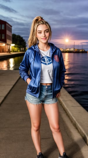 (RAW photo, best quality), (realistic),photo, masterpiece, 1girl, ponytail, looking at viewer, hoodies, jacket, shorts, at night outdoor, harbor, street, full body, (light smile:0.7),blush, long shot,photorealistic,