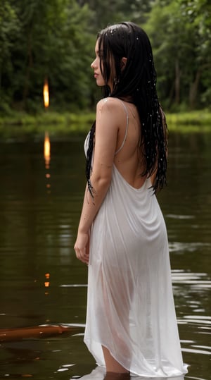 a ultra real full body shot photo 20 years old girl, black eyes, long black hair on covering her body, on a lake forest and rain fall, goddess, ultra contrast, low light, fireflies, wet face and body, sad face. Intricate details of her beautiful eyes and perfect face. The most beautiful girl, night view, back view,
