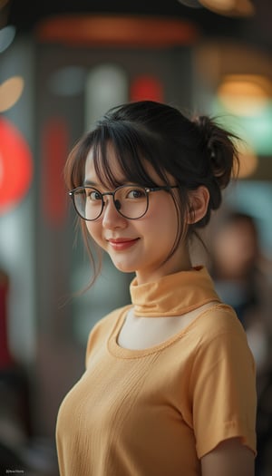 (masterpiece:1.3, realistic:1.3), best quality, ultra detailed, intricate, professional photography, (8k UHD), RAW photo, dslr, 1girl, ponytail, looking at viewer, smile, brown hair, black hair, brown eyes, short sleeves t-shirt, cowboy shot, casual, dynamic pose, lips, glasses