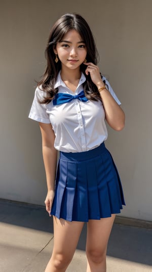1girl, beautiful face, earrings, (full body portrait photoshot), wearing (school uniform:1.2) up to her chin, short dark hair, (simple plain background),pimple