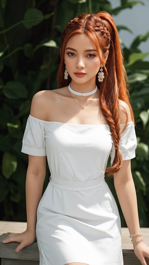 lammeFrieren, orange hair, green eyes,long hair,braided ponytail,large breasts,earrings, choker, armlet, bracelet, white dress, white sash, short sleeves, sandals,1girl in full growth, best quality, masterpiece, ultra-detailed, high quality,good quality,1 girl,(master piece,high resolution, ultra detailed,8K,16K),look at viewer,ach-ciloranko