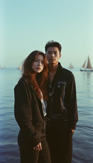 a expressive ,((1boy, 1girl, group, Duo, close ieach other)), rockstar outfit, Calm sky with sailboats on the horizon,Middle Ages,Grunge style Textured distressed vintage edgy punk rock vibe dirty noisy,style by Misha Gordin,bokeh professional 4k highly detailed,Fujichrome Provia 100F,split lighting