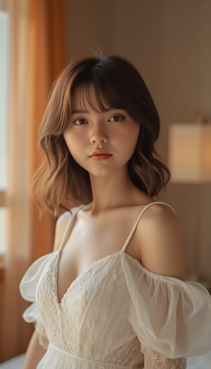 best quality, masterpiece, realistic, photo-realistic, amazing, finely detail, incredibly absurdres, huge filesize, ultra-detailed, highres, extremely detailed 8k wallpaper, ray tracing, close-up, upper body, A cute young woman wearing a ginger white dress made of sheer rough textured material, standing in a cozy bedroom