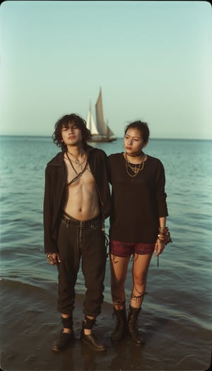 a expressive ,((1boy, 1girl, group, Duo, close ieach other)), rockstar outfit, Calm sky with sailboats on the horizon,Middle Ages,Grunge style Textured distressed vintage edgy punk rock vibe dirty noisy,style by Misha Gordin,bokeh professional 4k highly detailed,Fujichrome Provia 100F,split lighting