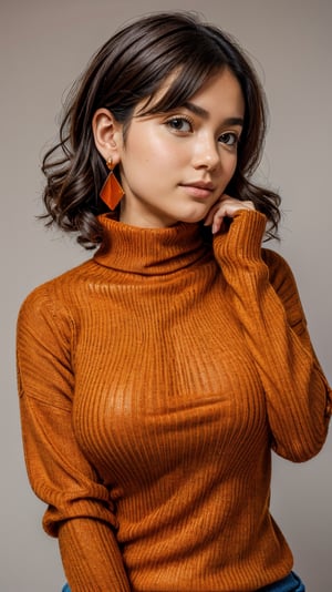 1girl, beautiful face, earrings, (portrait photoshot), wearing (orange turtleneck sweater:1.2) up to her chin, short dark hair, (simple plain background),pimple