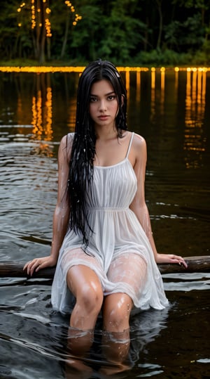 a ultra real full body shot photo 20 years old girl, ((sink on lake)), black eyes, long black hair on covering her body, white dress, on a lake forest and rain fall, ((half body on water:1.5)), goddess, ultra contrast, low light, fireflies, wet face and body, sad face. Intricate details of her beautiful eyes and perfect face. The most beautiful girl, night view,