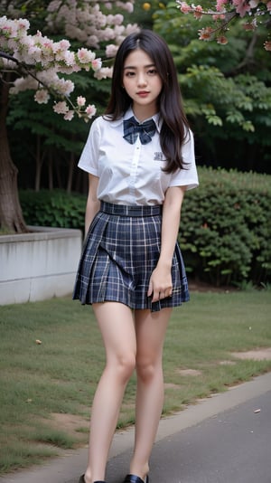 A masterpiece of elegance and whimsy: aamahiru stands confidently, leaning forward with arms behind her back, in a plaid skirt that contrasts delightfully with the lush greenery of the cherry blossom tree. A crisp white shirt with short sleeves showcases her toned physique, while a red bowtie adds a touch of playfulness. Her long hair cascades down her back like a golden waterfall, as she flashes an inviting smile with open mouth, captivating all who lay eyes on this breathtaking scene.,school uniform