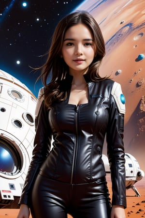 tiny_girl, 1girl,petite, skinny, Portrait Of beautiful brown haired girl wearing black leather suit with perky breasts surrounded by spacecraft on the mars, art by Mike Mayhew and Mark brooks and Ross Tran 8K Resolution,Extremely Realistic, sm,t4ni4