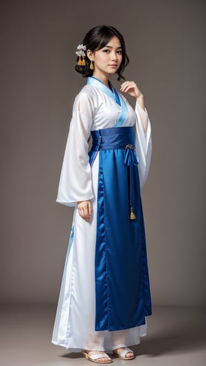 1girl, beautiful face, earrings, (full body portrait photoshot), wearing (hanfu:1.2) up to her chin, short dark hair, (simple plain background),pimple
