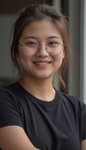 (masterpiece:1.3, realistic:1.3), best quality, ultra detailed, intricate, professional photography, (8k UHD), RAW photo, dslr, 1girl, ponytail, looking at viewer, smile, brown hair, black hair, brown eyes, short sleeves t-shirt, cowboy shot, casual, dynamic pose, lips, glasses