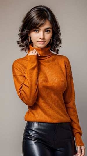 1girl, beautiful face, earrings, (full body portrait photoshot), wearing (orange turtleneck sweater:1.2) up to her chin, short dark hair, (simple plain background),pimple