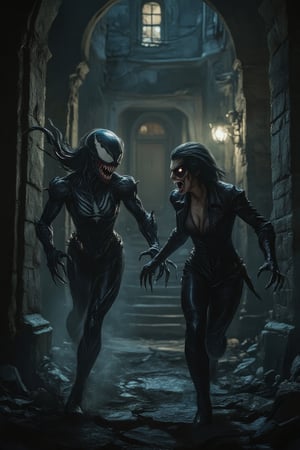 A dark and foreboding Halloween night. The old, eerie mansion looms in the background as Venom Woman, her scaly skin glistening with a malevolent glow, charges at Vampire Woman, who's sporting a wickedly sharp fang-filled grin. The air is thick with fog and the scent of decay as the two femme fatales clash in a flurry of punches and kicks amidst crumbling stone walls and creaking wooden floorboards.