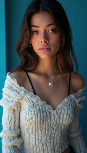 A masterpiece of digital art, rendered in stunning 4K resolution, features a breathtakingly beautiful girl posing serenely. Her face glows with a subtle sheen, her eyes sparkling like polished gemstones. She wears a fitted sweater that hugs her curves, the intricate folds and texture meticulously detailed. A delicate necklace adorns her neck, its facets catching the dramatic lighting, which casts a warm glow on her porcelain skin. The background is a soft, gradient blue, subtly blending into the edges of the frame. Every aspect of this artwork exudes ultra-detailed realism, with vibrant colors that seem to leap off the screen.