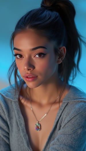 A masterpiece of digital art, rendered in stunning 4K resolution, features a breathtakingly beautiful girl posing serenely. Her face glows with a subtle sheen, her eyes sparkling like polished gemstones. She wears a fitted sweater that hugs her curves, the intricate folds and texture meticulously detailed. A delicate necklace adorns her neck, its facets catching the dramatic lighting, which casts a warm glow on her porcelain skin. The background is a soft, gradient blue, subtly blending into the edges of the frame. Every aspect of this artwork exudes ultra-detailed realism, with vibrant colors that seem to leap off the screen.