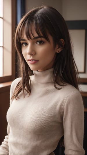 a photo of a kat3-m0ss-t2, portrait, upper body photoshoot, ((skinny)), ((very thin)),  turtleneck sweater, photo studio, model expression, flash photography, bangs, swooping breasts, small breasts, (8k, RAW photo, highest quality, best quality, masterpiece, ultra-detailed, hires)