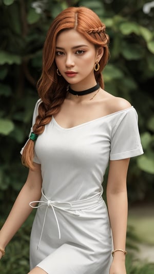 lammeFrieren, orange hair, green eyes,long hair,braided ponytail,large breasts,earrings, choker, armlet, bracelet, white dress, white sash, short sleeves, sandals,1girl in full growth, best quality, masterpiece, ultra-detailed, high quality,good quality,1 girl,(master piece,high resolution, ultra detailed,8K,16K),look at viewer,ach-ciloranko