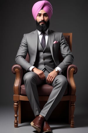 A Indian Sikh men wearing pagadi , blazer suit pant and sitting on chair 