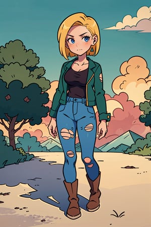1girl, solo, breasts, looking at viewer, blush, short hair, blue eyes, skirt, blonde hair, shirt, long sleeves, jewelry, closed mouth, collarbone, jacket, full body, pantyhose, earrings, boots, outdoors, sky, day, pants, cloud, tree, blue sky, torn clothes, black shirt, denim, torn pantyhose, one knee, torn sleeves, denim jacket, android 18