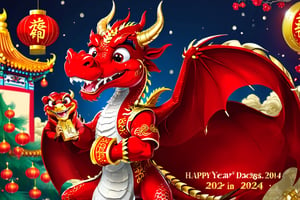 Golden 2024 in the top backgroud,
Cartoon red Dragon, ,  illustration,  2D effect,  Chinese style,  New Year mascot,  Holding shoe-shaped gold ingot in right hand, Holding New Year Scroll show 恭喜發財 in right hand,  big eyes,  smile,  Dragon horn on head, 