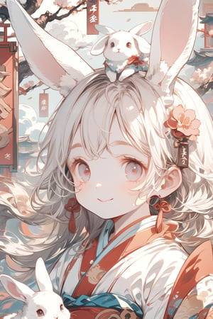 A chubby, Fluffy little white rabbit, cute in appearance, low saturation. Semi-realistic illustration with slight ink brushstrokes, delicate and smooth, with a hint of cuteness. The wide-open eyes are full of life, with a smile on the face, and red ropes with Chinese characters and wooden signs hanging around the neck, with auspicious clouds and traditional Chinese elements. Strong maternal temperament, strong sense of depth of field, clear outlines, masterpiece, best quality, 16k