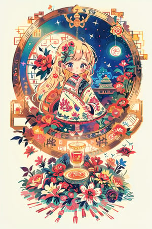 anime style artwork of a beautiful girl drinking tea on a light blue and white gradient background with an elegant mirrored frame in the center. The mirror is surrounded by ribbons, flowers and teacups, with ornate decoration on the upper and lower edges. There is plenty of space around the center design for additional text or images. The overall scene has an ethereal atmosphere, soft lighting, and a dreamy quality.