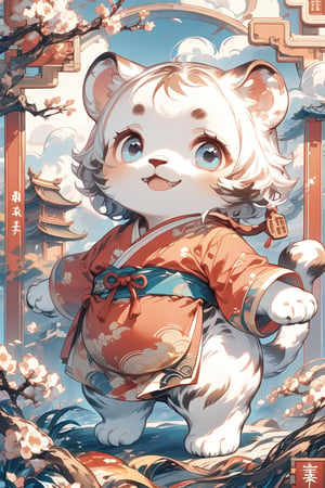 A chubby, furry little tiger cute in appearance, low saturation. Semi-realistic illustration with slight ink brushstrokes, delicate and smooth, with a hint of cuteness. The wide-open eyes are full of life, with a smile on the face, and red ropes with Chinese characters and wooden signs hanging around the neck, with auspicious clouds and traditional Chinese elements. Strong maternal temperament, strong sense of depth of field, clear outlines, masterpiece, best quality, 16k