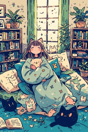 Cozy bedroom scene: Whimsical girl snuggles up in bed, surrounded by plush pillows and colorful patterned blankets, soft colors dominate the atmosphere. She's engrossed in a book, with plants, bookshelves, decorations, and photographs adding to the warmth. A large window with flowing curtains lets sunlight pour in, illuminating the space. Cats lounge nearby, enhancing the sense of comfort.