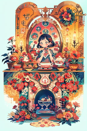 anime style artwork of a beautiful girl drinking tea on a light blue and white gradient background with an elegant mirrored frame in the center. The mirror is surrounded by ribbons, flowers and teacups, with ornate decoration on the upper and lower edges. There is plenty of space around the center design for additional text or images. The overall scene has an ethereal atmosphere, soft lighting, and a dreamy quality.