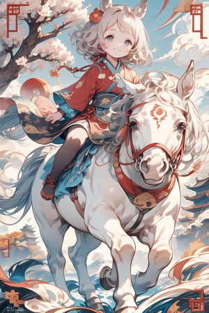 A chubby,  horse, cute in appearance, low saturation. Semi-realistic illustration with slight ink brushstrokes, delicate and smooth, with a hint of cuteness. The wide-open eyes are full of life, with a smile on the face, and red ropes with Chinese characters and wooden signs hanging around the neck, with auspicious clouds and traditional Chinese elements. Strong maternal temperament, masterpiece, best quality, 16k
