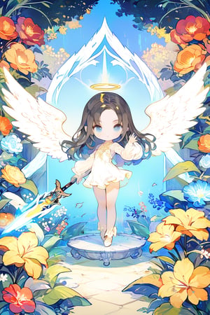 Masterpiece, best quality, stunning, extremely detailed CG unified 8k wallpaper, angel, chibi version, holding a Lance in his right hand, attack pose, standing on a haven garden, detailed background, 8k, 
,chibi, chibi version,Angelababy