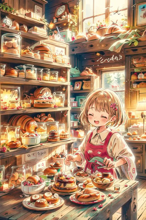 Soft focus shot of two girls, Emma and Lily, baking together in a whimsical watercolor-inspired setting with a rustic wooden shelf stacked high with colorful cakes. They stand before the shelf, hands moving in tandem as they mix and measure ingredients. The soft glow from the wooden shelves casts a warm light on their joyful faces, surrounded by the sweet scent of freshly baked goods.