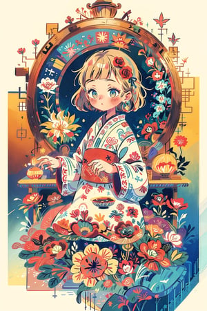 anime style artwork of a beautiful girl drinking tea on a light blue and white gradient background with an elegant mirrored frame in the center. The mirror is surrounded by ribbons, flowers and teacups, with ornate decoration on the upper and lower edges. There is plenty of space around the center design for additional text or images. The overall scene has an ethereal atmosphere, soft lighting, and a dreamy quality.