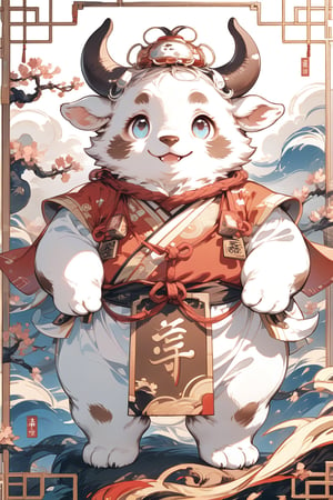 A chubby, furry hairy calf, cute in appearance, low saturation. Semi-realistic illustration with slight ink brushstrokes, delicate and smooth, with a hint of cuteness. The wide-open eyes are full of life, with a smile on the face, and red ropes with Chinese characters and wooden signs hanging around the neck, with auspicious clouds and traditional Chinese elements. Strong maternal temperament, strong sense of depth of field, clear outlines, masterpiece, best quality, 16k
