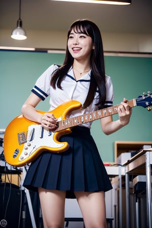 masterpiece,  highest quality,  8K,  RAW photo,
BREAK
1 japanese girl, high school student, school uniform, big breast, (haircut of uniform length), (one length), Beautiful shiny black hair, straight hair, pale white skin, white skin, full body to the toes,  beautiful thighs, (navy blue pleated skirt), bellybutton, ((She is playing the electric guitar)), with big smile,  
BREAK
classroom, angle from below, dimly light,  at night, high_school_girl, best quality,