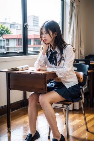masterpiece,  highest quality,  8K,  RAW photo,
BREAK
1 japanese girl, high school student, school uniform, big breast, (haircut of uniform length), (one length), Beautiful shiny black hair, straight hair, messy hair, pale white skin, white skin, full body to the toes,  beautiful thighs, (navy blue pleated skirt), bellybutton, 
BREAK
classroom, sitting on chair, angle from below, dimly light,  at night, high_school_girl, best quality,milf