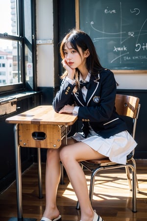 masterpiece,  highest quality,  8K,  RAW photo,
BREAK
1 japanese girl, high school student, school uniform, big breast, (haircut of uniform length), (one length), Beautiful shiny black hair, straight hair, pale white skin, white skin, full body to the toes,  beautiful thighs, (navy blue pleated skirt), bellybutton, look at viewer, head tilt, 
BREAK
classroom, sitting on chair, angle from below, dimly light,  at night, high_school_girl, best quality, ,Classroom