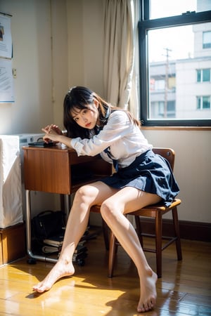 masterpiece,  highest quality,  8K,  RAW photo,
BREAK
1 japanese girl, high school student, school uniform, big breast, (haircut of uniform length), (one length), Beautiful shiny black hair, straight hair, messy hair, pale white skin, white skin, full body to the toes,  beautiful thighs, (navy blue pleated skirt), bellybutton, 
BREAK
classroom, sitting on chair, angle from below, dimly light,  at night, high_school_girl, best quality,milf,Cosplay