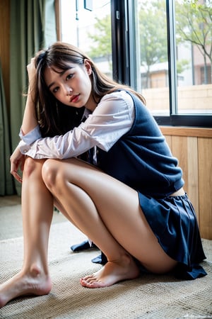 masterpiece,  highest quality,  8K,  RAW photo,
BREAK
1 japanese girl, high school student, school uniform, disheveled clothing, panties, big breast, (haircut of uniform length), (one length), Beautiful shiny black hair, straight hair, messy hair, pale white skin, white skin, full body to the toes,  beautiful thighs, barefeet, (white shirt buttons come undone), (navy blue pleated skirt), sleep, lying, on back, close eyes, on the bed, head tilt, 
BREAK
school, school infirmary, ((angle from avobe)), dimly light,  evening, magic hour, high_school_girl, best quality, sleep, solo