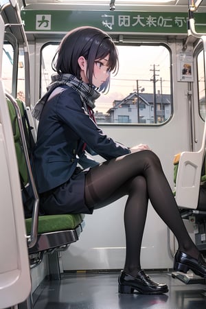 masterpiece, highest quality, 8K, RAW photo, Realism, Raw photo, Photography, Realism, photorealistic,
BREAK
1 Japanese girl, 16 years old, cute face, (haircut of uniform length), (one length), Beautiful shiny black hair, straight hair, Clear white skin, pale skin, 
BREAK
high school uniform, Checked scarf, navy blue blazer, navy blue skirt, ((brown loafers)), ((black pantyhose)), 
BREAK
((full body to the toes)), beautiful long legs, sitting on the train seat, in japan, Looking out at the peaceful scenery of a rural town from the train window, Ennui expression, 
BREAK 
 E235, train interior, angle from side, profile, dimly lit, evening, dusk, magic hour, red sunset sky,e235