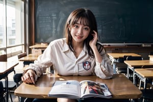 masterpiece,  highest quality,  8K,  RAW photo,
BREAK
1 japanese girl, high school student, school uniform, pale white skin, white skin, unbuttoned white shirt, (navy blue pleated skirt), Study while sitting in a chair, Focus on the task at your desk, hair flip, head tilt, big smile, 
BREAK
angle from below, The room is dimly lit,  evening, magic hour,Classroom,high_school_girl,best quality